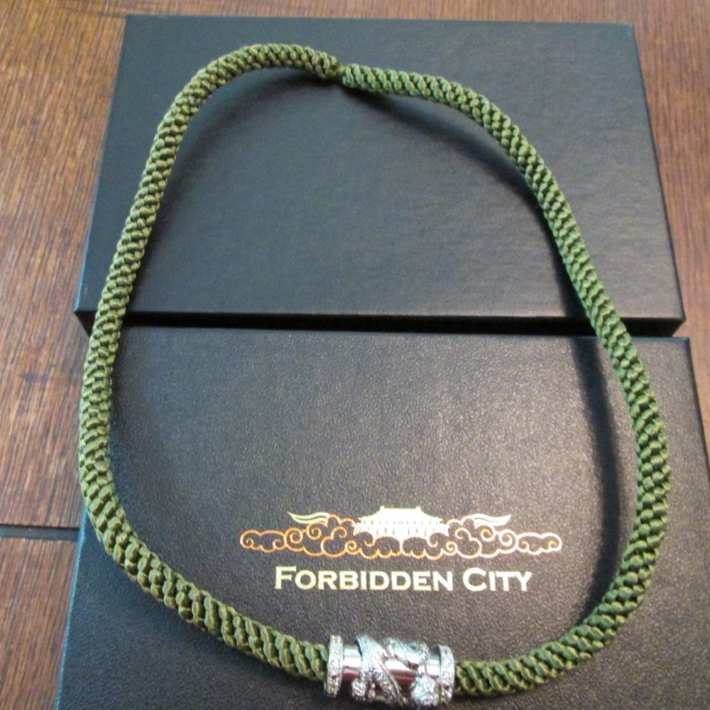 Olive Green Braided Cord Necklace with Sterling Silver Dragon Diamond Accent